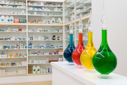A closeup of colorful breakers in Damien Hirst's pharmacy