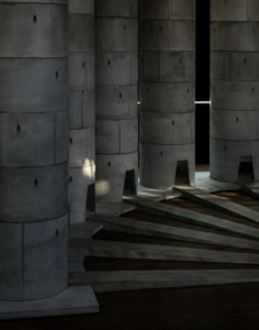 A side angle view of the concrete towers, art installation piece “An Occupation of Loss” 