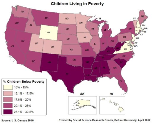 A map of the U.S. showing the percentage of American children living in poverty