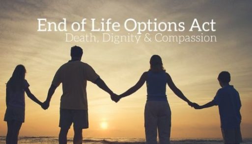 Family holding hands under a banner for End of Life Options Act