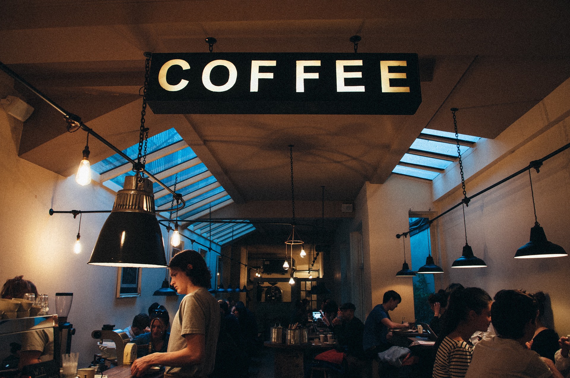 Inside a small, local coffee shop symbolizing small business
