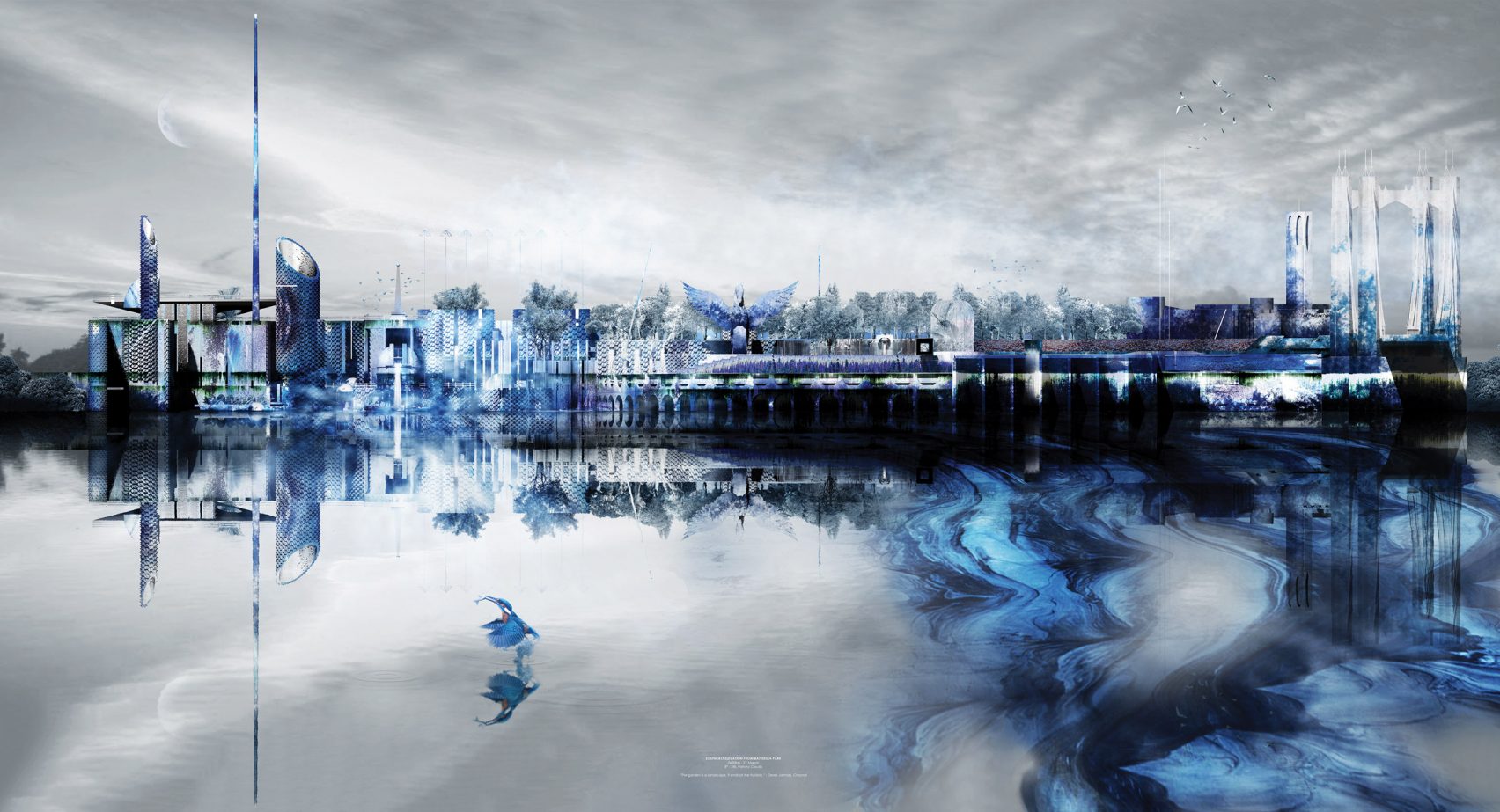 a drawing of the city of london across the a blue river thames