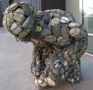 Close-up view of a "Rising Cairn" sculpture by Celeste Roberge.