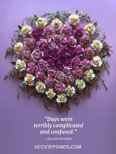 Purple and white flower heart and quote about grief
