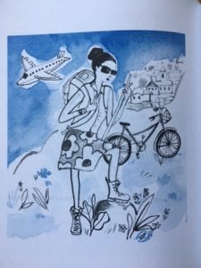 Illustration from the book "Passed and Present" shows a woman next to a bicycle with an airplane flying overhead