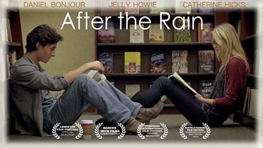 A scene from "After the Rain" where Ryan and his girlfriend are sitting in a book store.