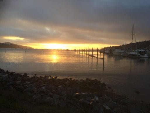 Sunset at a marina is Sausalito, California