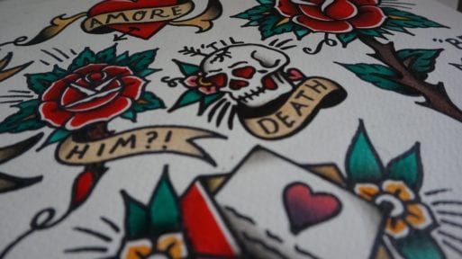 A tattoo with roses and skulls symbolizing death