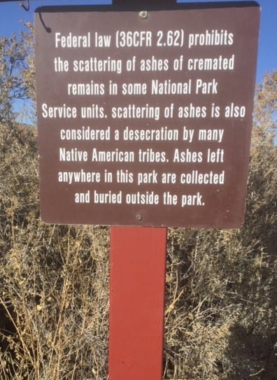 Image of sign at Aztec Ruins prohibiting scattering cremation ashes