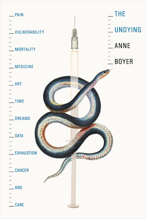 A snake coils around a syringe on the book cover for "The Undying"