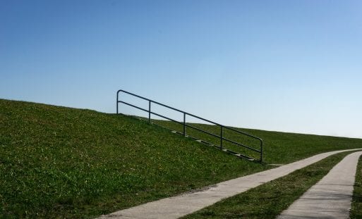 Grass and a sidewalk below a blue sky, similar to scenes described in the poem "Words Aren't Cheap" 