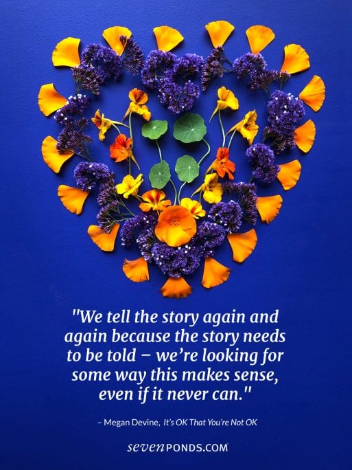 Heart made from flowers with quote about loss