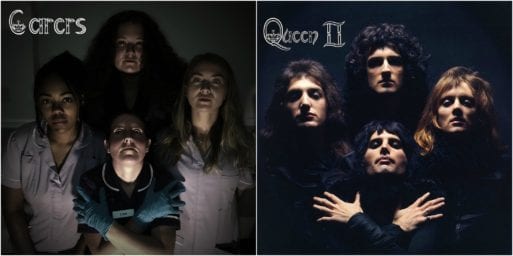 Four female caregivers pose as the rock group Queen.