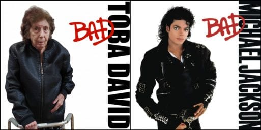 A senior with a walker poses as Michael Jackson for his album cover, Bad.