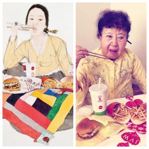 A woman eats a burger and fries with chopsticks in a recreation of a famous Korean painting.