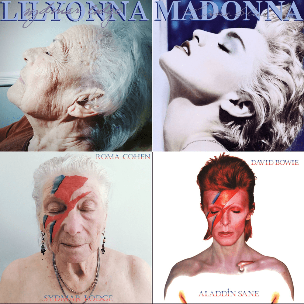 A senior poses as Madonna, and a second as David Bowie.