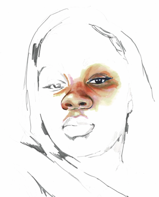 An intentionally unfinished portrait of Breonna Taylor by Adrian Brandon as part of his "Stolen" series