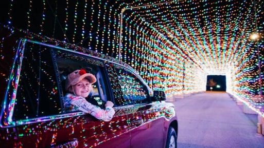 A girl looks out of a car driving through a Christmas lights display.