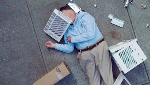 Scene from "Dick Johnson is Dead" with Dick Johnson lying on ground under parts of air conditioner