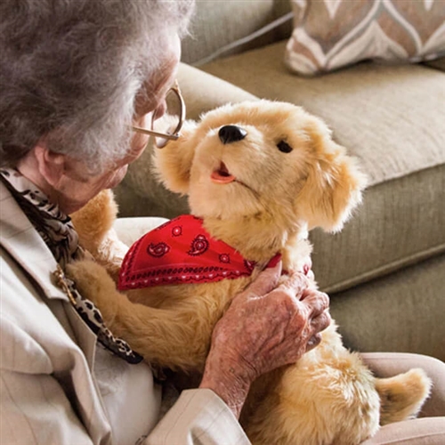 An elderly woman holds a furry robot dog used as a robot pet for older adults with dementia
