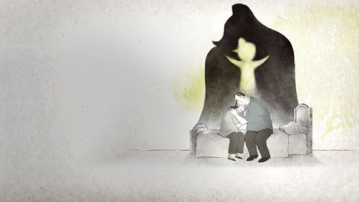 Still from If Anything Happens I Love You - animation still of two adults embracing with their shadows visible above them and a young girl's silhouette between their shadows