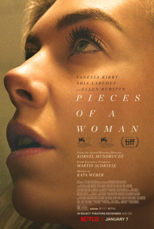 Official movie poster of Pieces of a Woman: closeup of a woman's face with movie title and credits