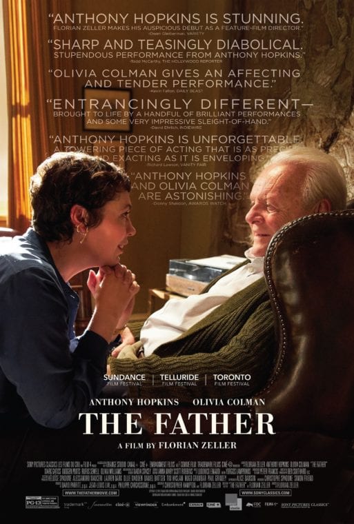 The movie poster for "The Father," in which Anthony Hopkins and Olivia Colman gaze at one another.