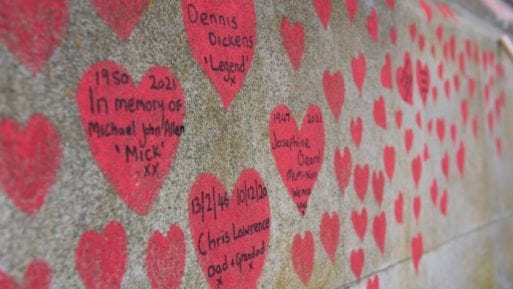 Hearts displayed on the London National COVID memorial wall 