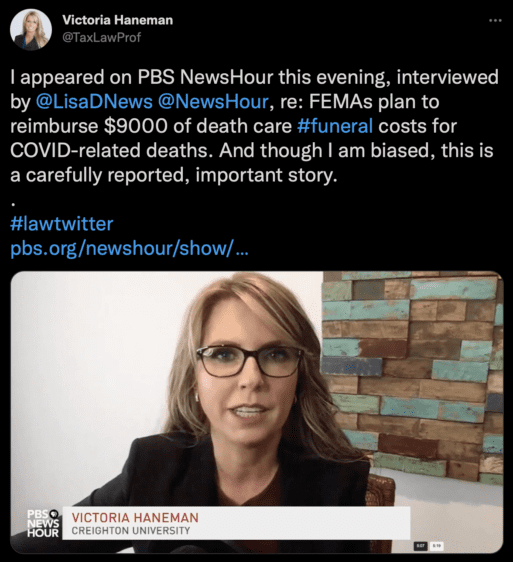 Tweet from tax law expert Victoria Haneman about COVID funeral expenses reimbursement