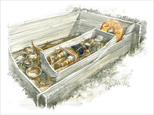 A drawing of a dead man lying in a reopened grave, surrounded by household objects.