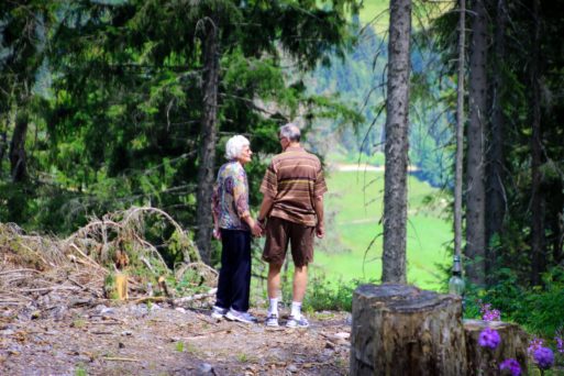 A grey-haired man and his elderly mother hold hands while looking out across a field.