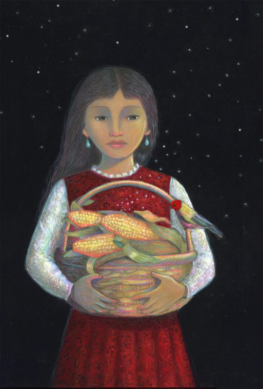 A young girl is pictured holding a basket of corn against a starry sky in this grief card.