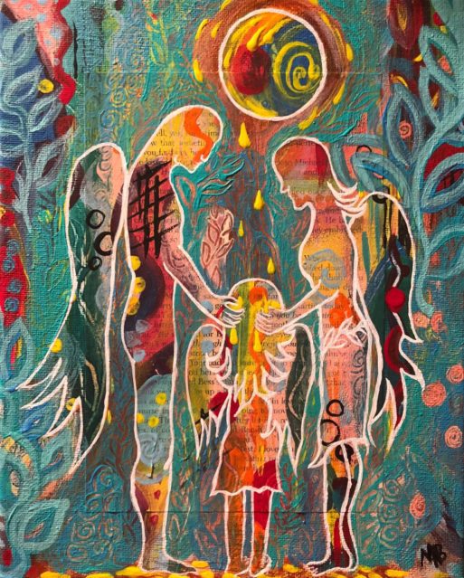 Colorful figures embrace one another in Bentley's grief card.