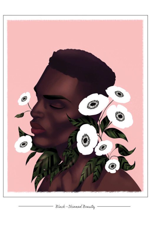 A dark-skinned man surrounded by white flowers encourages healing.