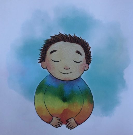 A boy with a serene smile finds a rainbow growing inside him.