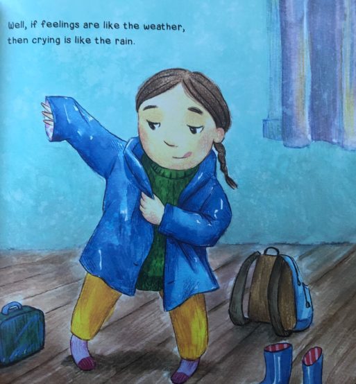 A child pulls on her raincoat in "Crying is Like the Rain."