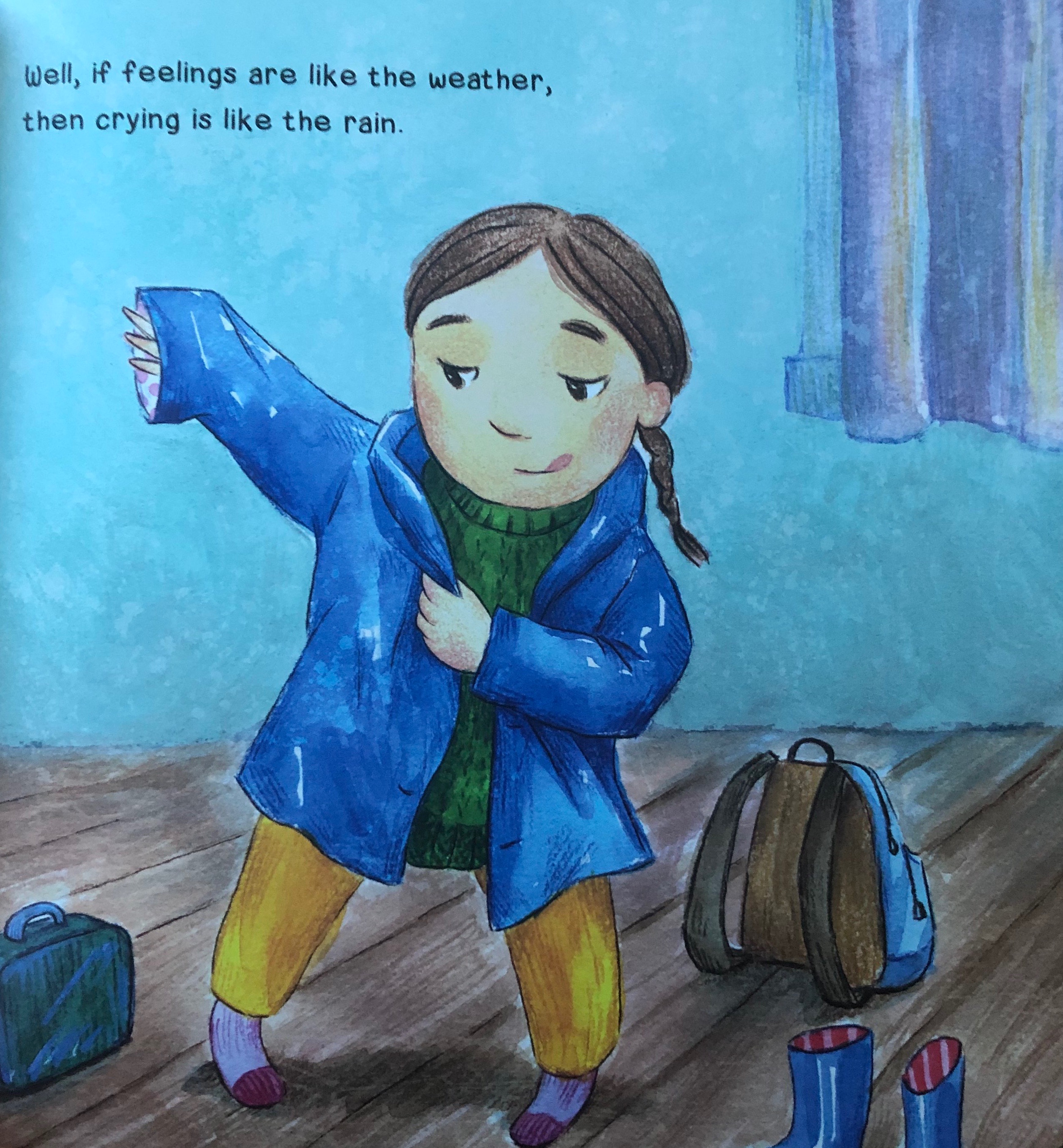 A child pulls on her raincoat in "Crying is Like the Rain."