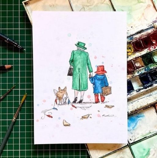Queen Elizabeth holds hands with Paddington Bear as they walk into the distance with a corgi.