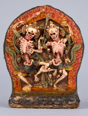 Skeletons dance in painted terracotta, a piece in "Death is Not the End."