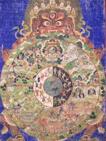 A Tibetan Buddhist painting of the wheel of life in the exhibit "Death is Not the End."