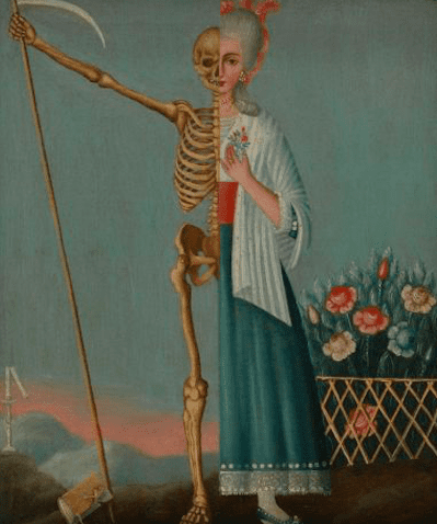 A painting of a figure that is half woman, half grim reaper.