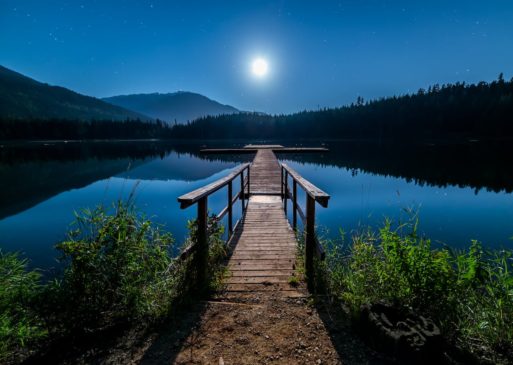 A walkway into the water in the moonlight recalls poet Tess Nealon Raskin's desire to "go simply."