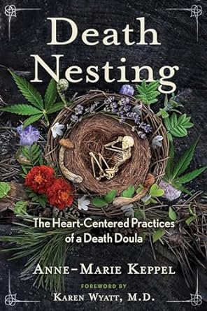 The cover of "Death Nesting" displays a skeleton in a fetal position inside a nest.