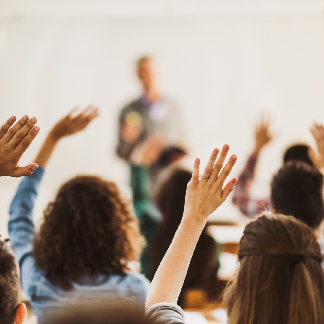 Students are seen from behind raising their hands in a grief education class, while the teacher at the front of the room is blurred out