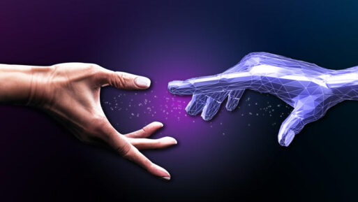 A digital hand reaches toward a human hand.