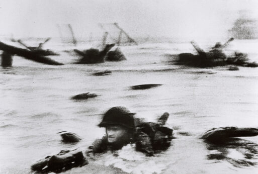 Grainy and blurry image taken by soldier Robert Capa during the Allied Invasion of Normandy