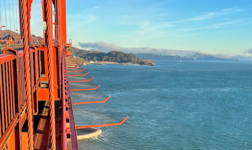 An image of the Golden Gate Bridge's suicide barrier -- a stainless steel net extending 20 feet out.