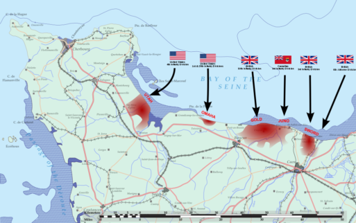 A map of the French coastline has areas marked to represent where Allied forces invaded on D-Day