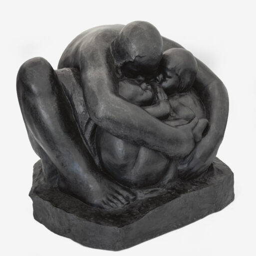 Käthe Kollwitz's sculpture shows a naked mother crouched, with her arms wrapped around two children.