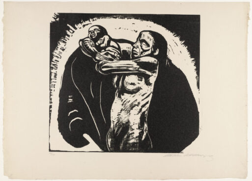 A woodcut by Käthe Kollwitz shows a mother holding up a baby as if in sacrifice.